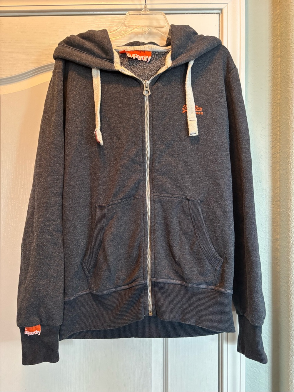Superdry Men's Dark Charcoal Zip Hoodie with Cream Drawcords size XL